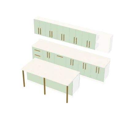 Single wall with island kitchen layout in 3D