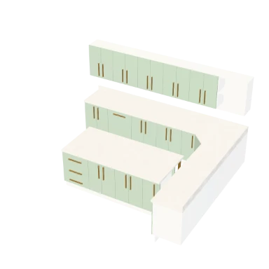 L-shape with island kitchen layout in 3D